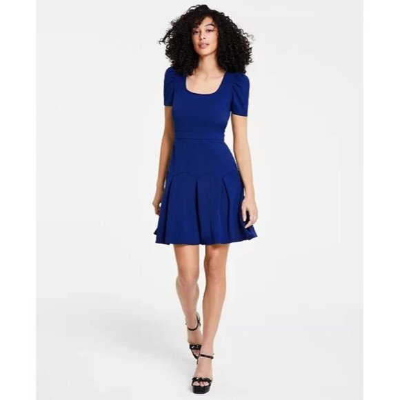 KARL LAGERFELD PARIS Scuba Crepe A-Line Puff-Sleeve Pleat Dress Blue Size 4 $148 - Picture 1 of 3